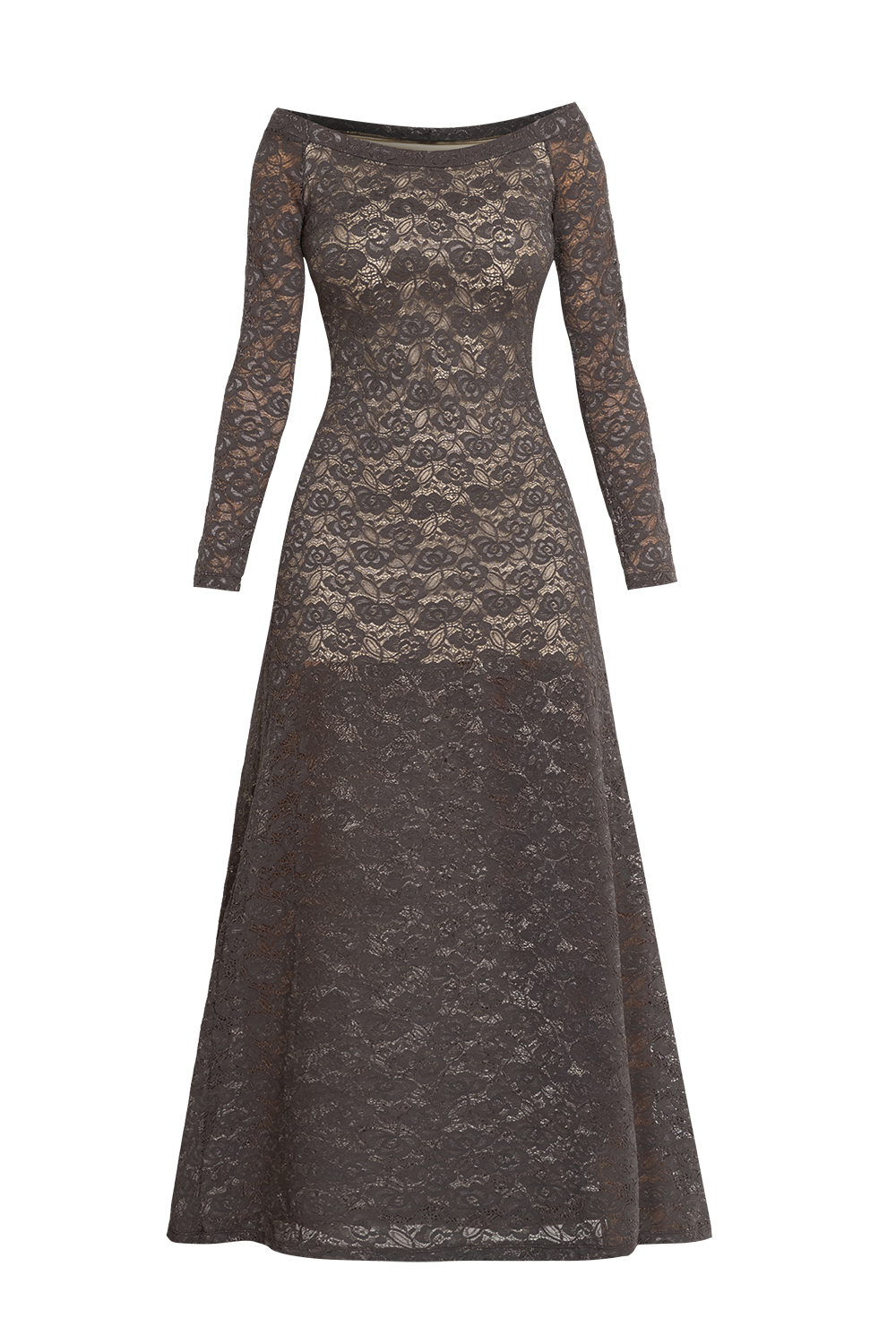 LONG A-LINE LACE DRESS WITH BOAT NECKLINE IN MOCHA - ESSENTIALS JIORO ДЪЛГА ДАНТЕЛЕНА РОКЛЯ В МОКА - ESSENTIALS JIORO