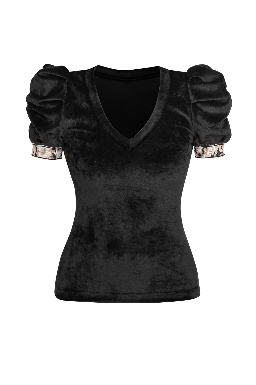 VELVET BLOUSE WITH PUFF SLEEVES AND V-NECKLINE IN BLACK - ESSENTIALS JIORO БЛУЗА ОТ КАДИФЕ С НАБРАН КЪС РЪКАВ И V ДЕКОЛТЕ В ЧЕРНО - ESSENTIALS JIORO