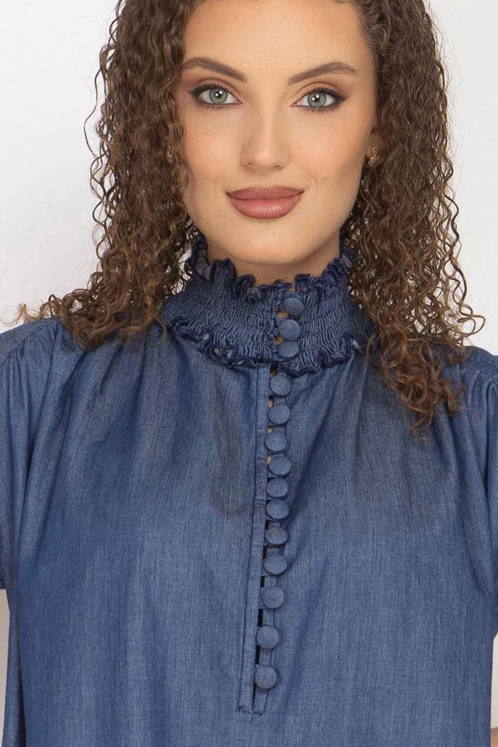 DENIM DRESS WITH ELASTICATED NECKLINE AND BELT - ESSENTIALS