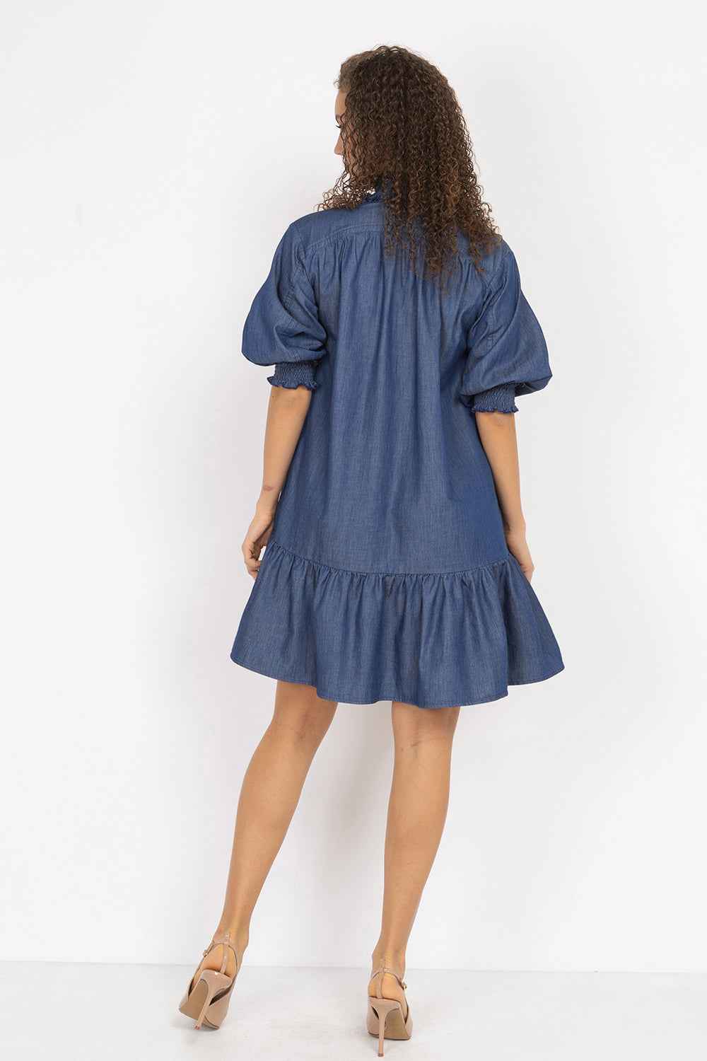 DENIM DRESS WITH ELASTICATED NECKLINE AND BELT - ESSENTIALS