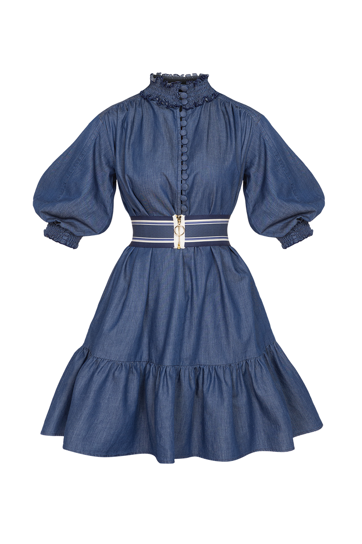 DENIM DRESS WITH ELASTICATED NECKLINE AND BELT - ESSENTIALS JIORO ДЪНКОВА РОКЛЯ С ЛАСТИЧНА ЯКА И КОЛАН - ESSENTIALS JIORO