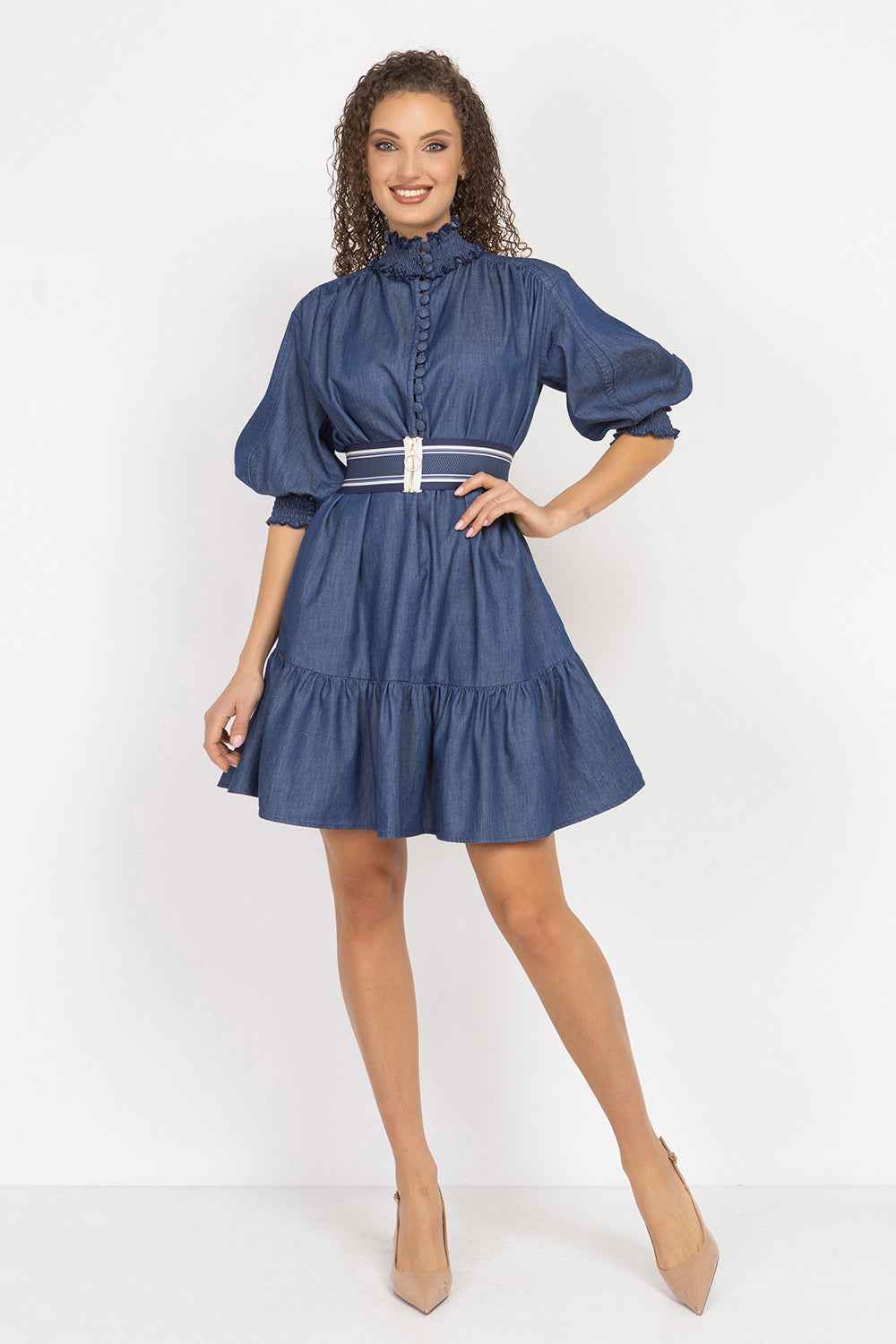 DENIM DRESS WITH ELASTICATED NECKLINE AND BELT - ESSENTIALS