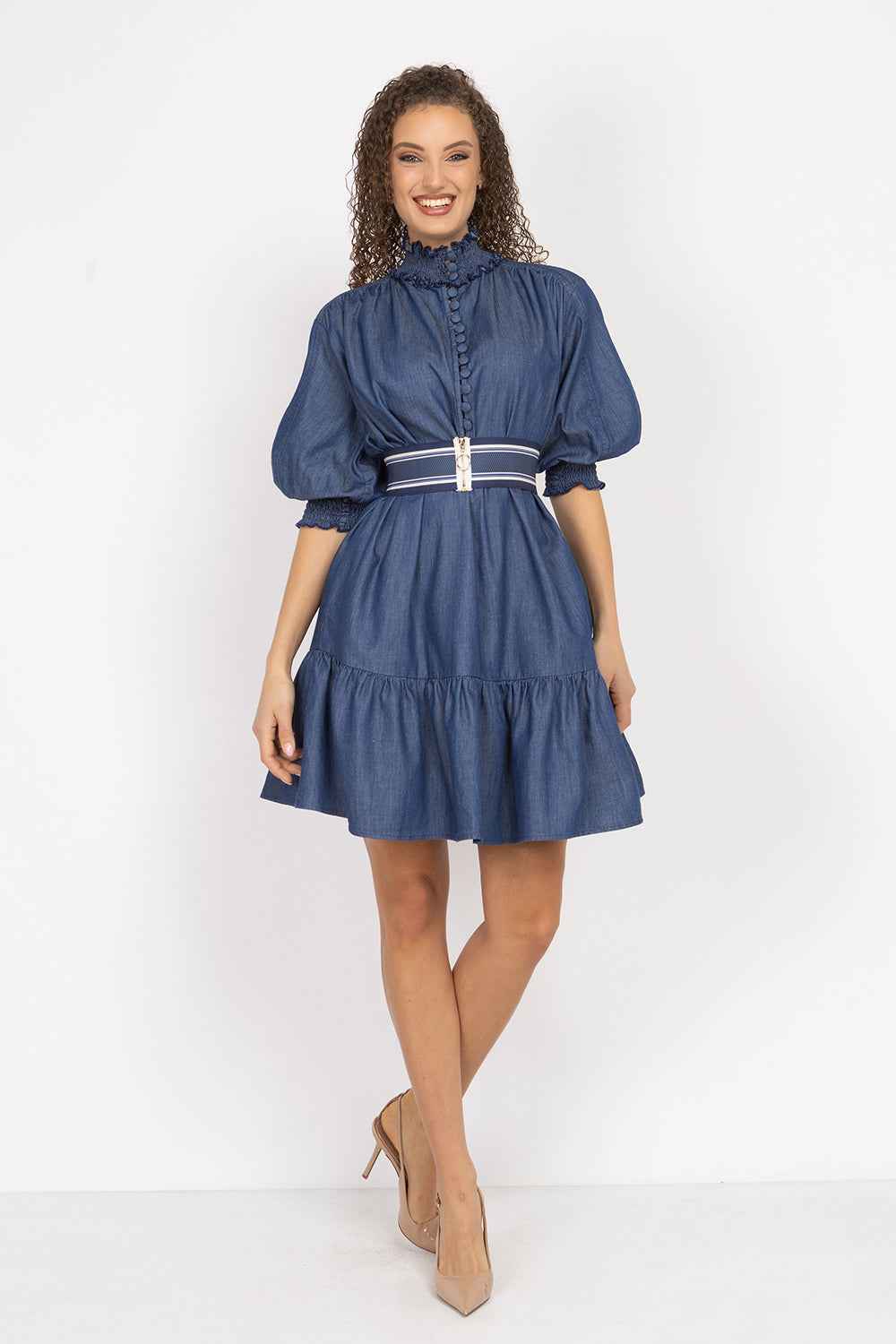 DENIM DRESS WITH ELASTICATED NECKLINE AND BELT - ESSENTIALS