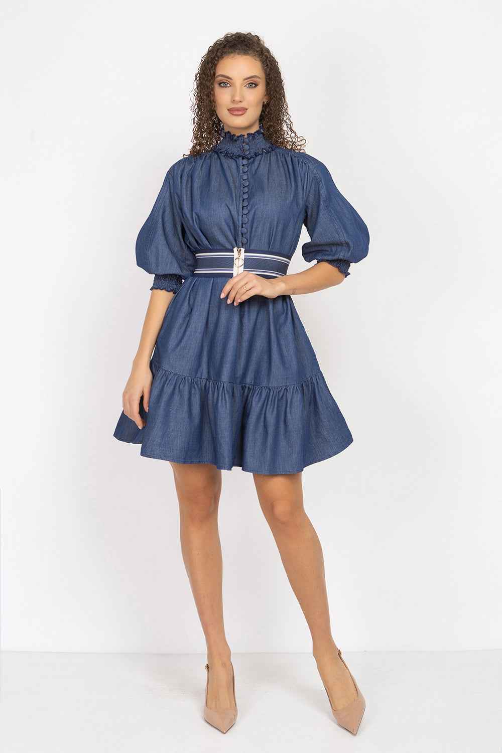 DENIM DRESS WITH ELASTICATED NECKLINE AND BELT - ESSENTIALS