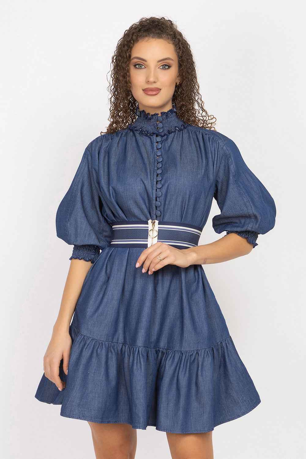 DENIM DRESS WITH ELASTICATED NECKLINE AND BELT - ESSENTIALS