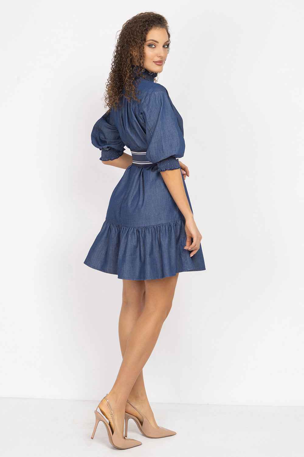 DENIM DRESS WITH ELASTICATED NECKLINE AND BELT - ESSENTIALS