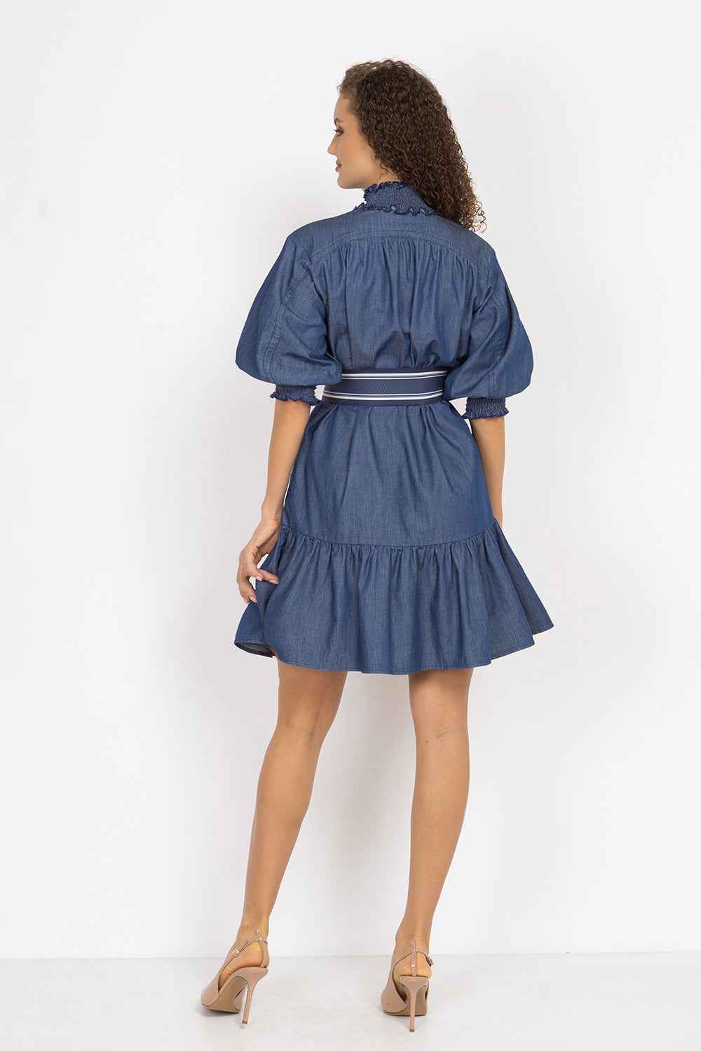 DENIM DRESS WITH ELASTICATED NECKLINE AND BELT - ESSENTIALS