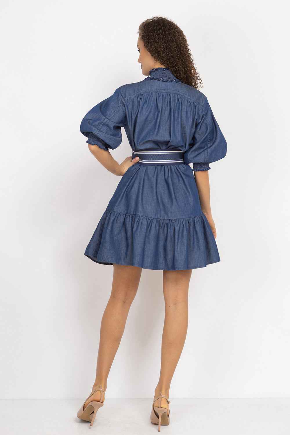 DENIM DRESS WITH ELASTICATED NECKLINE AND BELT - ESSENTIALS