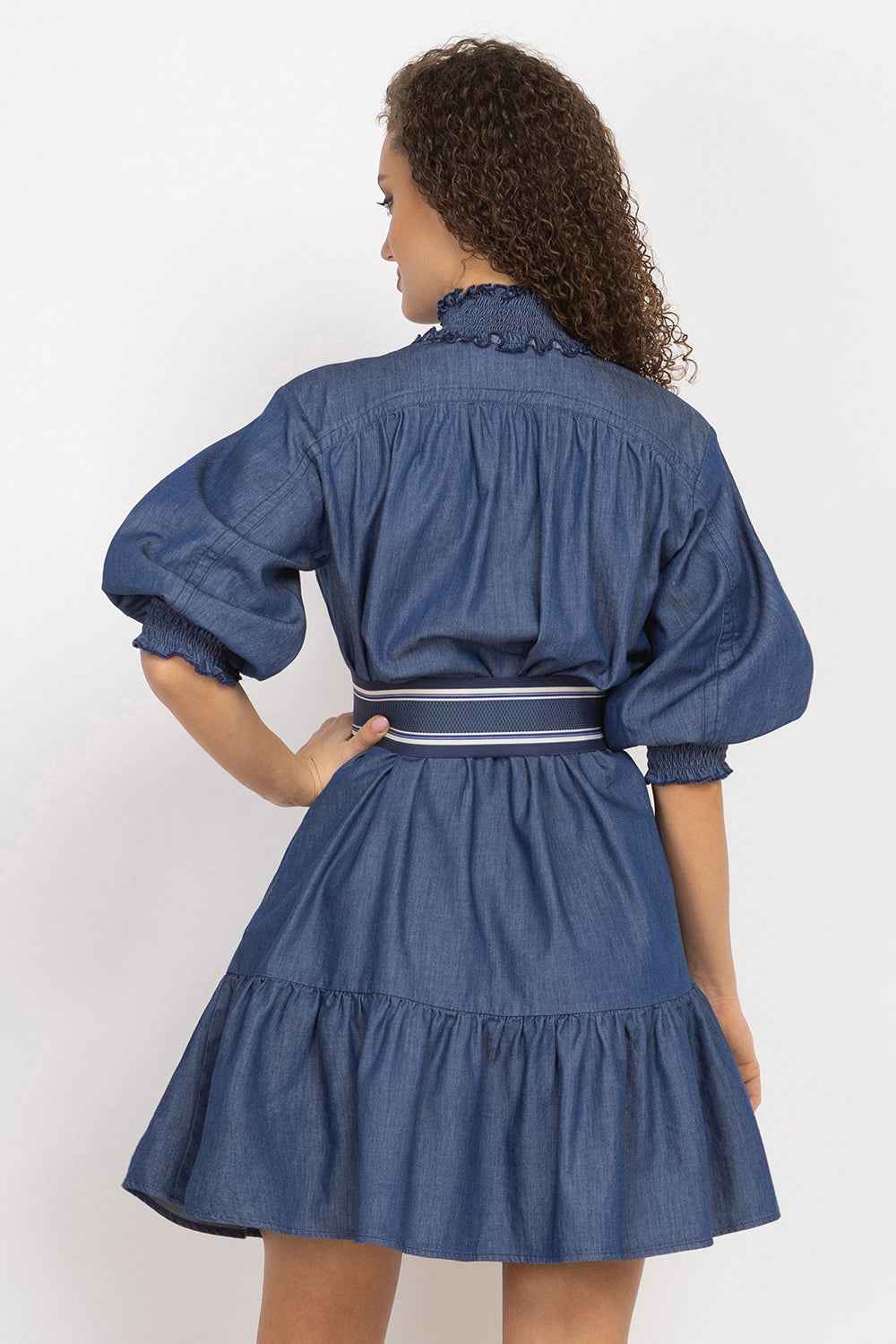 DENIM DRESS WITH ELASTICATED NECKLINE AND BELT - ESSENTIALS