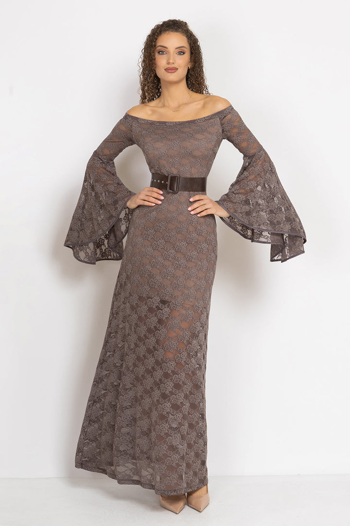 LONG FLORAL LACE DRESS WITH OFF-SHOULDER NECKLINE IN MOCHA - ESSENTIALS JIORO ДЪЛГА ДАНТЕЛЕНА РОКЛЯ В МОКА С ПАДНАЛИ РАМЕНА - ESSENTIALS JIORO