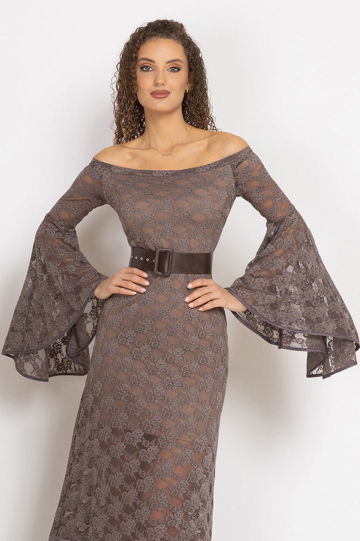 LONG FLORAL LACE DRESS WITH OFF-SHOULDER NECKLINE IN MOCHA - ESSENTIALS JIORO ДЪЛГА ДАНТЕЛЕНА РОКЛЯ В МОКА С ПАДНАЛИ РАМЕНА - ESSENTIALS JIORO