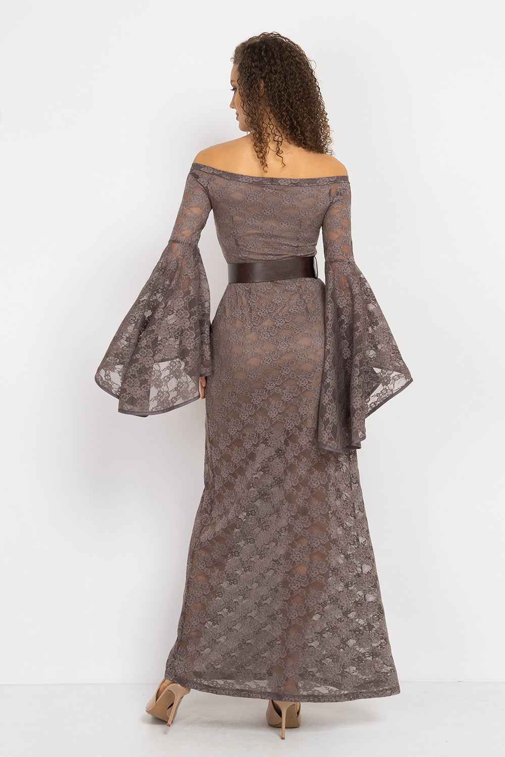 LONG FLORAL LACE DRESS WITH OFF-SHOULDER NECKLINE IN MOCHA - ESSENTIALS