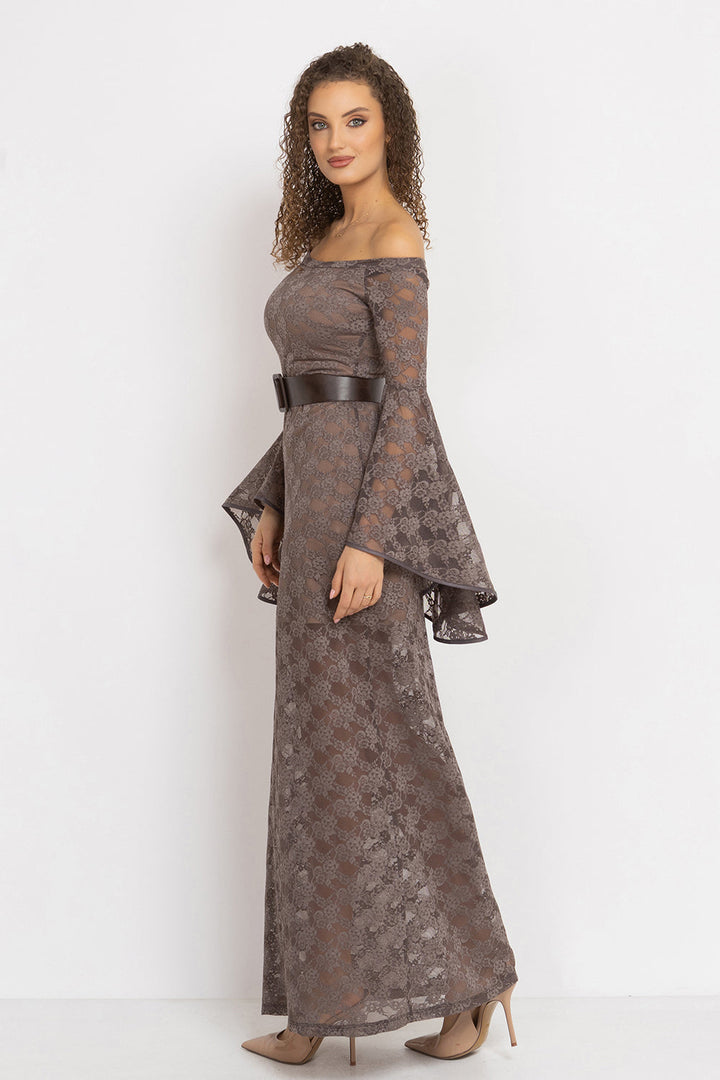 LONG FLORAL LACE DRESS WITH OFF-SHOULDER NECKLINE IN MOCHA - ESSENTIALS JIORO ДЪЛГА ДАНТЕЛЕНА РОКЛЯ В МОКА С ПАДНАЛИ РАМЕНА - ESSENTIALS JIORO