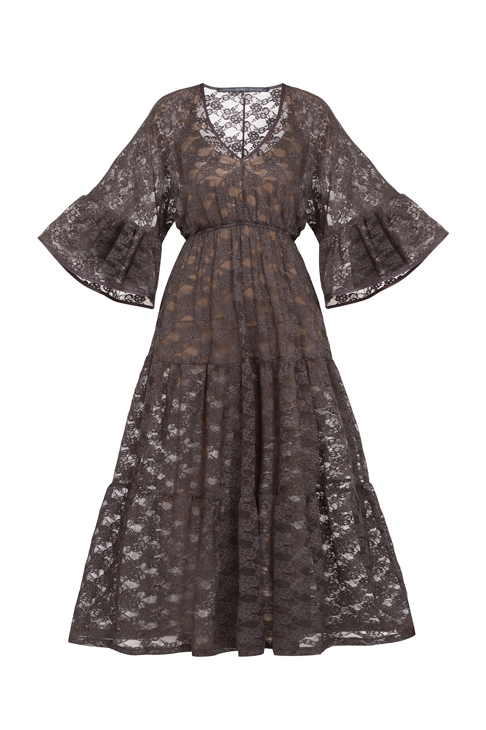 ESPRESSO BOHO LACE DRESS WITH GATHERED RUFFLES AND LINING - ESSENTIALS JIORO ДАНТЕЛЕНА БОХО РОКЛЯ В ЦВЯТ ЕСПРЕСО С ВОЛАНИ И ПОДВИЖНА ПОДПЛАТА - ESSENTIALS JIORO