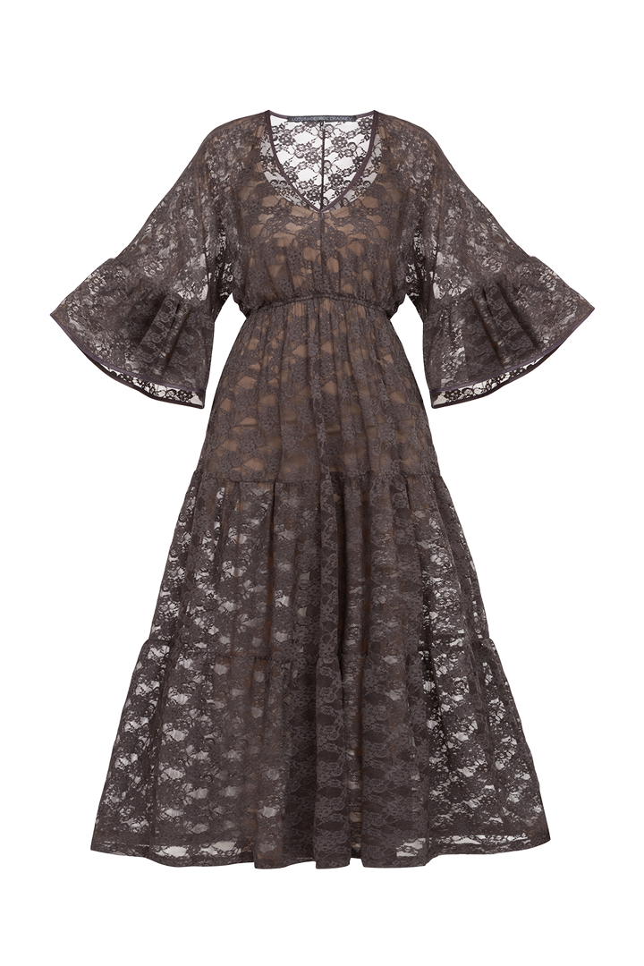 ESPRESSO BOHO LACE DRESS WITH GATHERED RUFFLES AND LINING - ESSENTIALS JIORO ДАНТЕЛЕНА БОХО РОКЛЯ В ЦВЯТ ЕСПРЕСО С ВОЛАНИ И ПОДВИЖНА ПОДПЛАТА - ESSENTIALS JIORO