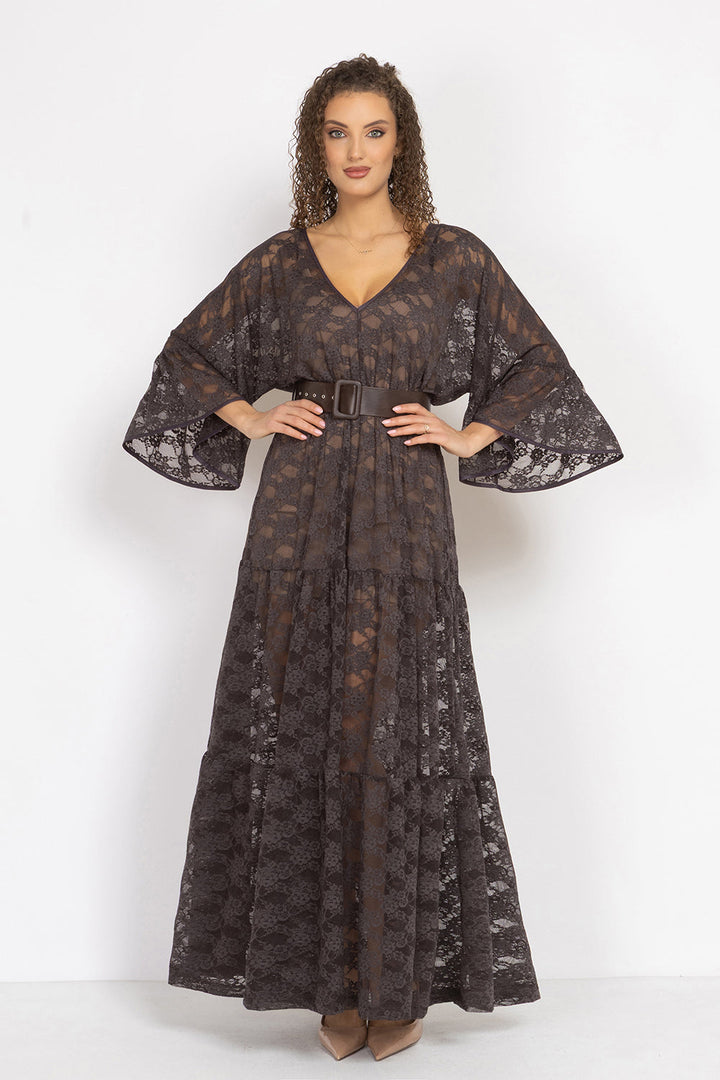 ESPRESSO BOHO LACE DRESS WITH GATHERED RUFFLES AND LINING - ESSENTIALS JIORO ДАНТЕЛЕНА БОХО РОКЛЯ В ЦВЯТ ЕСПРЕСО С ВОЛАНИ И ПОДВИЖНА ПОДПЛАТА - ESSENTIALS JIORO