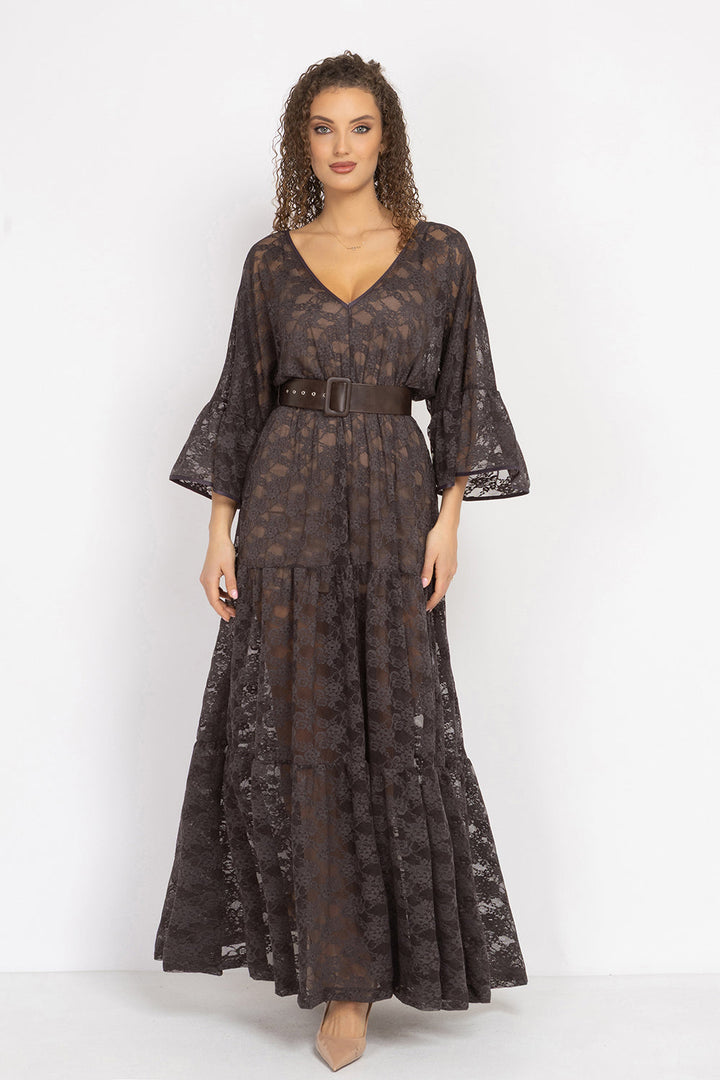 ESPRESSO BOHO LACE DRESS WITH GATHERED RUFFLES AND LINING - ESSENTIALS JIORO ДАНТЕЛЕНА БОХО РОКЛЯ В ЦВЯТ ЕСПРЕСО С ВОЛАНИ И ПОДВИЖНА ПОДПЛАТА - ESSENTIALS JIORO