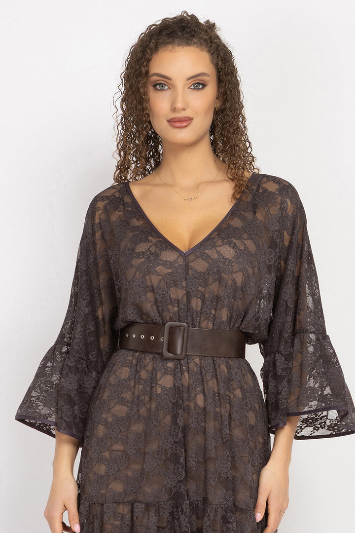 ESPRESSO BOHO LACE DRESS WITH GATHERED RUFFLES AND LINING - ESSENTIALS JIORO ДАНТЕЛЕНА БОХО РОКЛЯ В ЦВЯТ ЕСПРЕСО С ВОЛАНИ И ПОДВИЖНА ПОДПЛАТА - ESSENTIALS JIORO