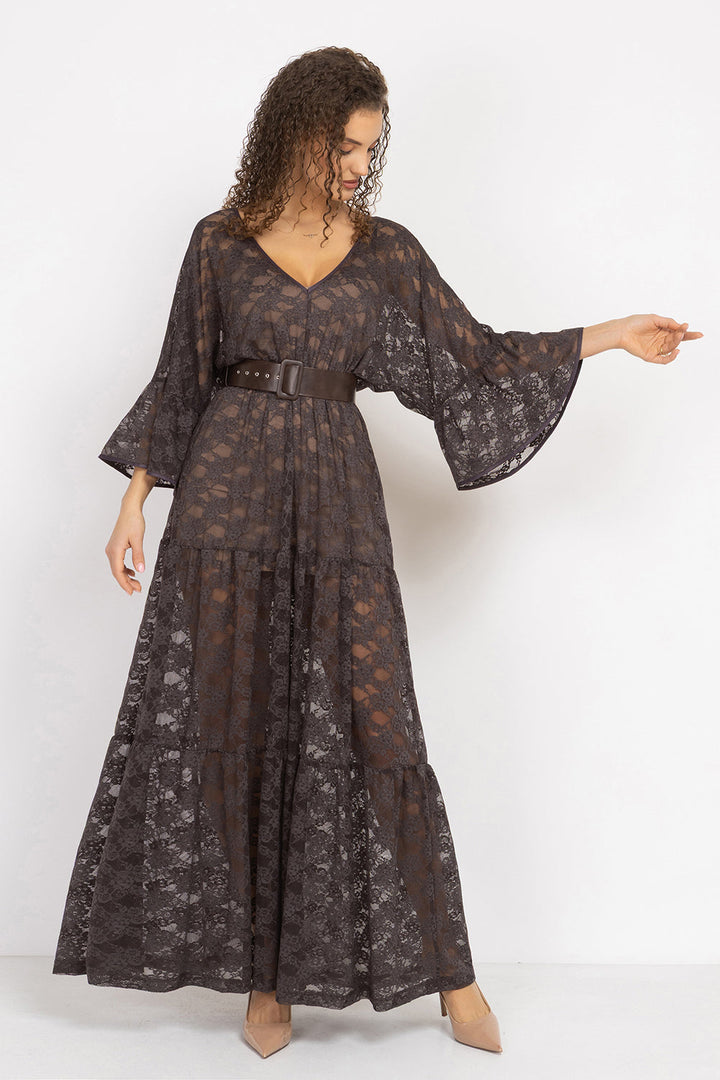 ESPRESSO BOHO LACE DRESS WITH GATHERED RUFFLES AND LINING - ESSENTIALS JIORO ДАНТЕЛЕНА БОХО РОКЛЯ В ЦВЯТ ЕСПРЕСО С ВОЛАНИ И ПОДВИЖНА ПОДПЛАТА - ESSENTIALS JIORO