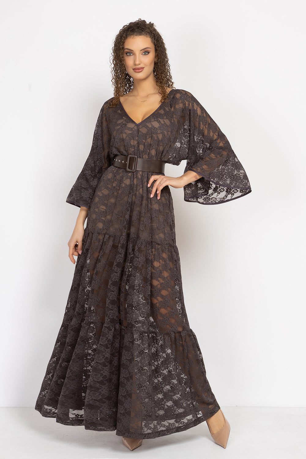 ESPRESSO BOHO LACE DRESS WITH GATHERED RUFFLES AND LINING - ESSENTIALS JIORO ДАНТЕЛЕНА БОХО РОКЛЯ В ЦВЯТ ЕСПРЕСО С ВОЛАНИ И ПОДВИЖНА ПОДПЛАТА - ESSENTIALS JIORO