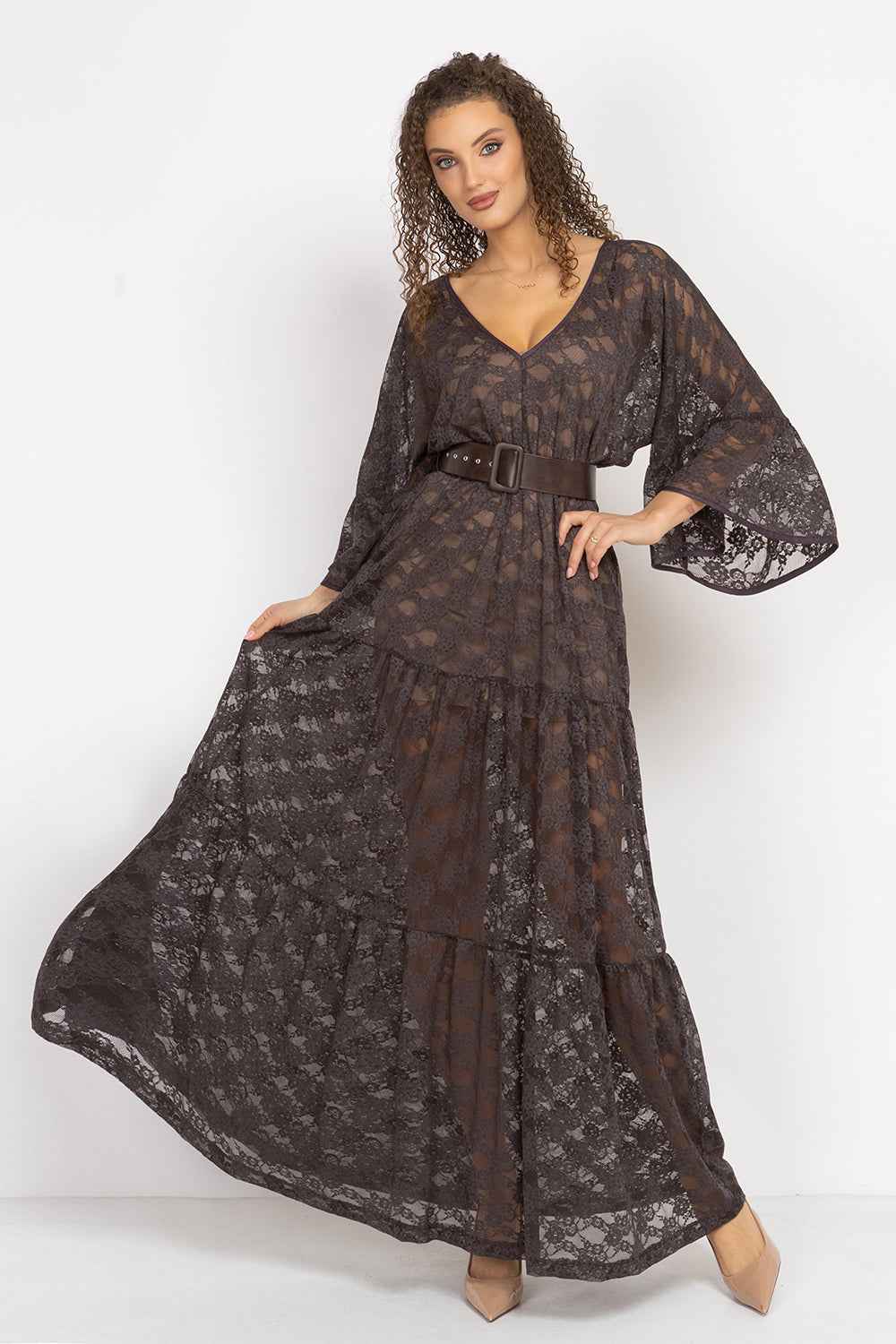 ESPRESSO BOHO LACE DRESS WITH GATHERED RUFFLES AND LINING - ESSENTIALS