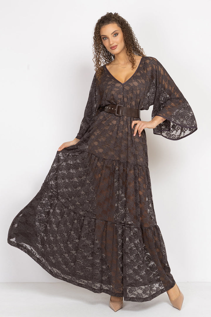 ESPRESSO BOHO LACE DRESS WITH GATHERED RUFFLES AND LINING - ESSENTIALS JIORO ДАНТЕЛЕНА БОХО РОКЛЯ В ЦВЯТ ЕСПРЕСО С ВОЛАНИ И ПОДВИЖНА ПОДПЛАТА - ESSENTIALS JIORO