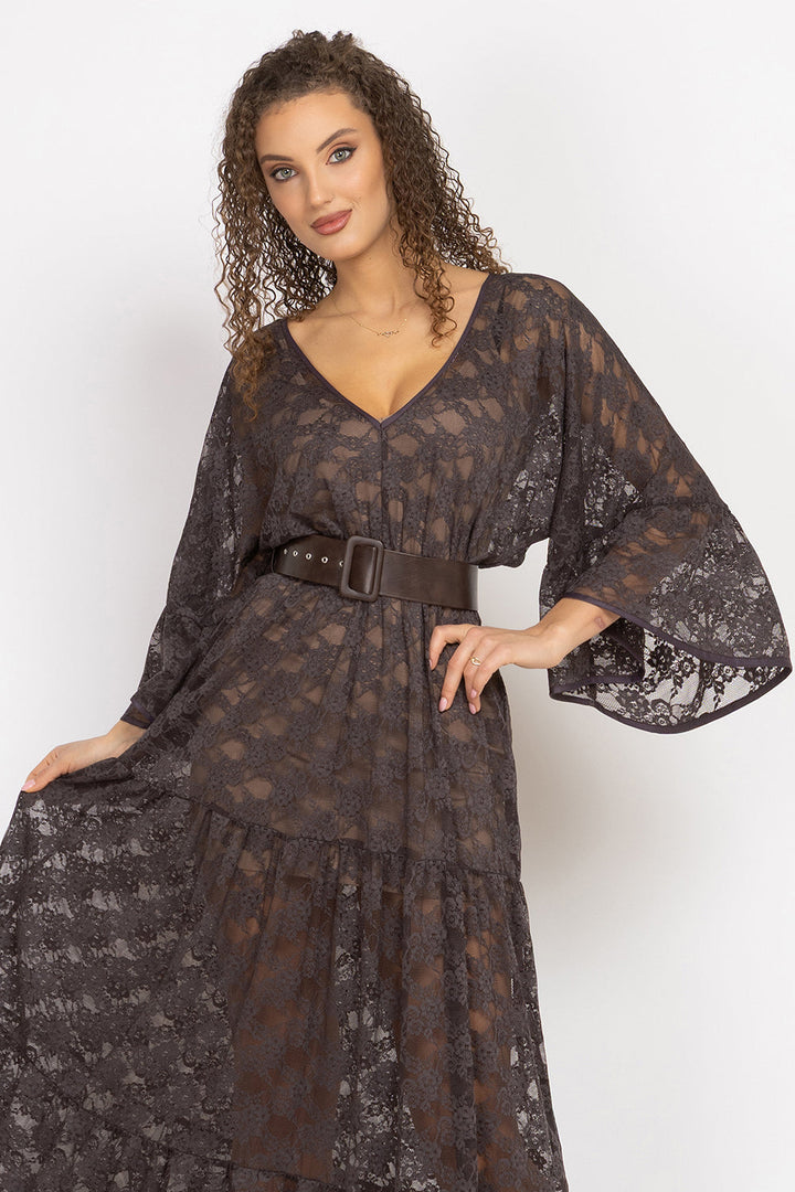 ESPRESSO BOHO LACE DRESS WITH GATHERED RUFFLES AND LINING - ESSENTIALS JIORO ДАНТЕЛЕНА БОХО РОКЛЯ В ЦВЯТ ЕСПРЕСО С ВОЛАНИ И ПОДВИЖНА ПОДПЛАТА - ESSENTIALS JIORO
