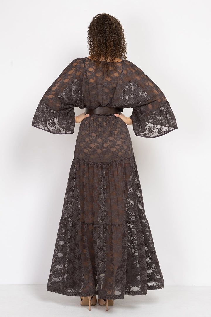ESPRESSO BOHO LACE DRESS WITH GATHERED RUFFLES AND LINING - ESSENTIALS JIORO ДАНТЕЛЕНА БОХО РОКЛЯ В ЦВЯТ ЕСПРЕСО С ВОЛАНИ И ПОДВИЖНА ПОДПЛАТА - ESSENTIALS JIORO