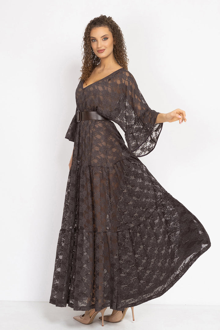 ESPRESSO BOHO LACE DRESS WITH GATHERED RUFFLES AND LINING - ESSENTIALS JIORO ДАНТЕЛЕНА БОХО РОКЛЯ В ЦВЯТ ЕСПРЕСО С ВОЛАНИ И ПОДВИЖНА ПОДПЛАТА - ESSENTIALS JIORO