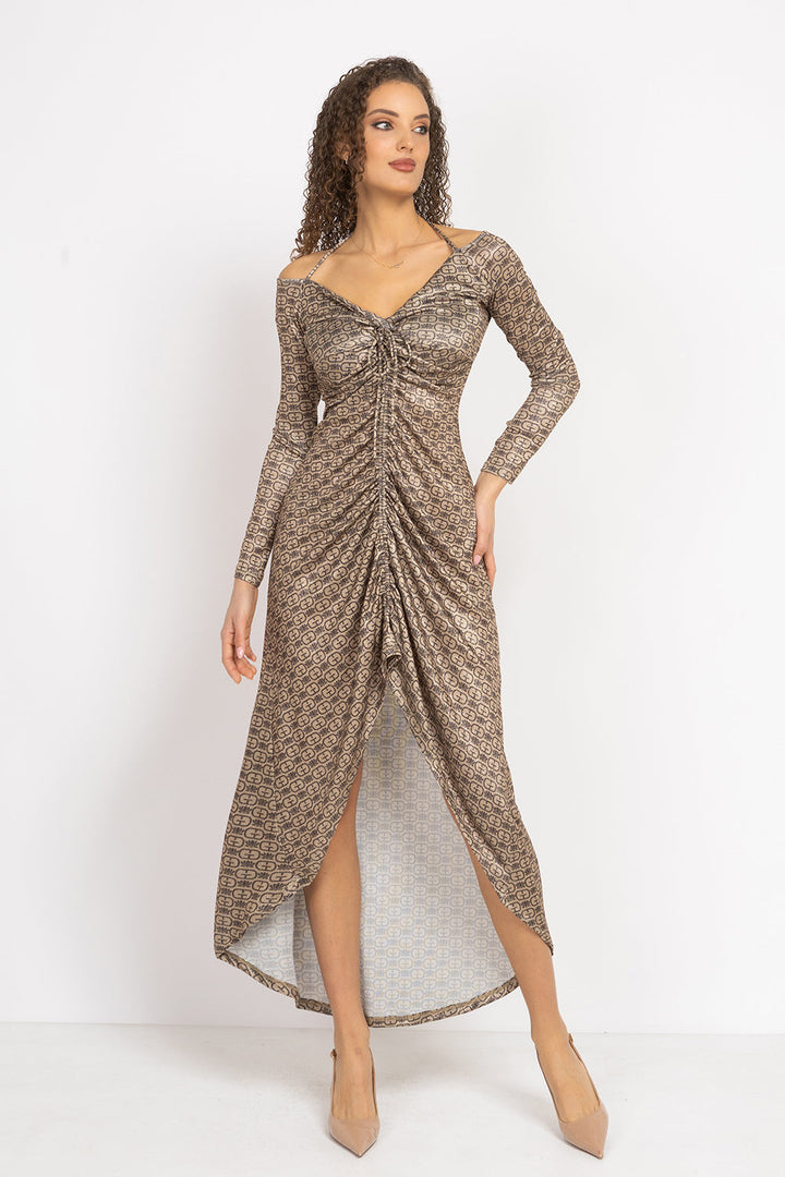 ASYMMETRIC LUREX DRESS WITH KNOT DETAIL AND FRONT DRAWSTRING - DARK BROWN LOGO