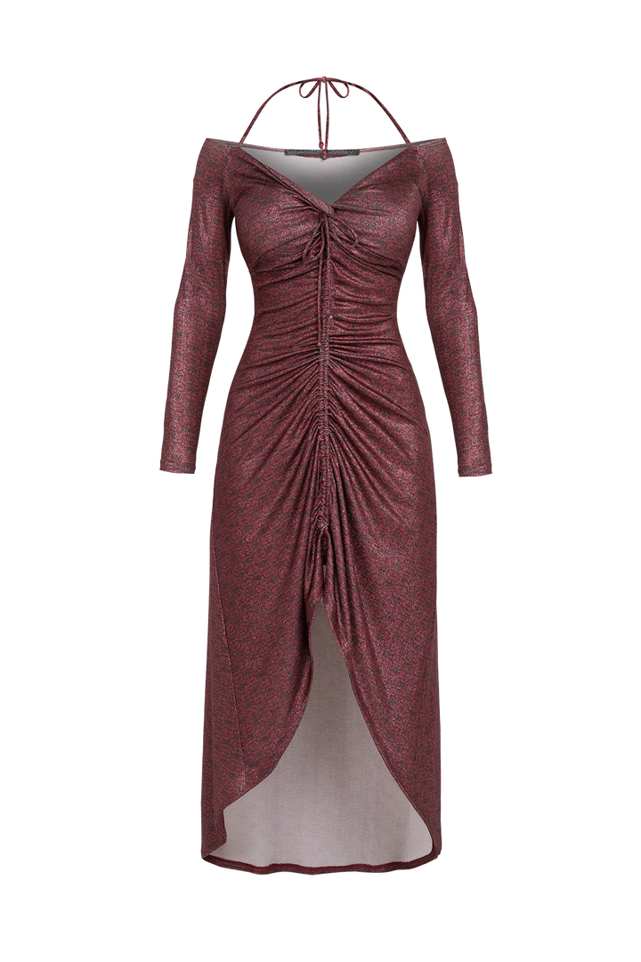ASYMMETRIC LUREX DRESS WITH KNOT DETAIL AND FRONT DRAWSTRING - BURGUNDY LOGO JIORO АСИМЕТРИЧНА РОКЛЯ ОТ ЛУРЕКС С ВЪЗЕЛ - BURGUNDY LOGO JIORO