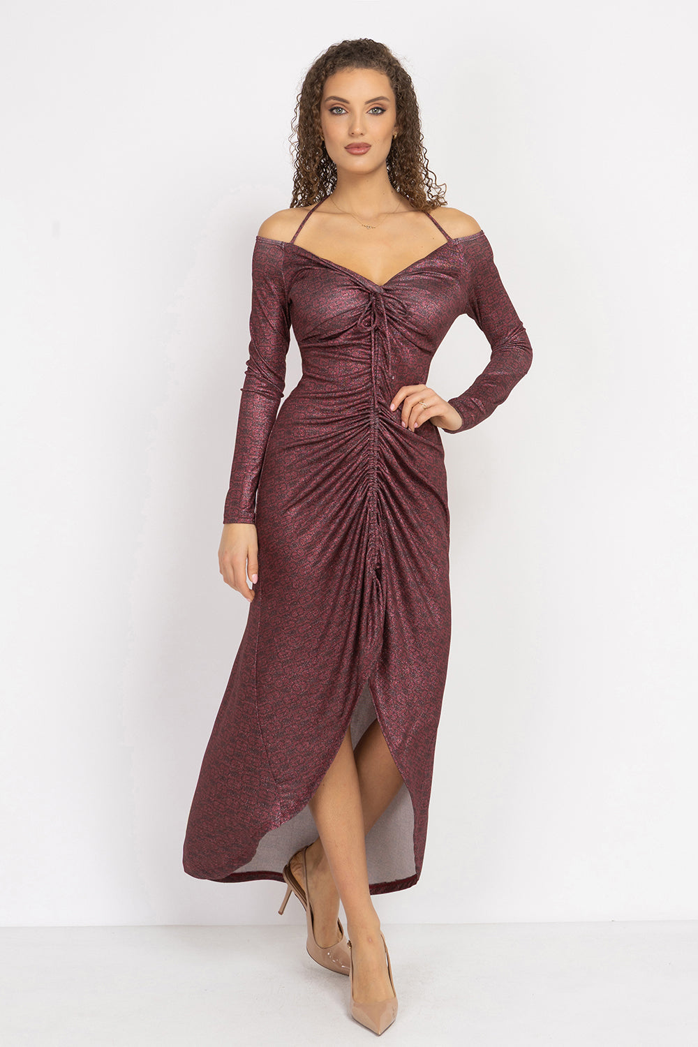 ASYMMETRIC LUREX DRESS WITH KNOT DETAIL AND FRONT DRAWSTRING - BURGUNDY LOGO JIORO АСИМЕТРИЧНА РОКЛЯ ОТ ЛУРЕКС С ВЪЗЕЛ - BURGUNDY LOGO JIORO