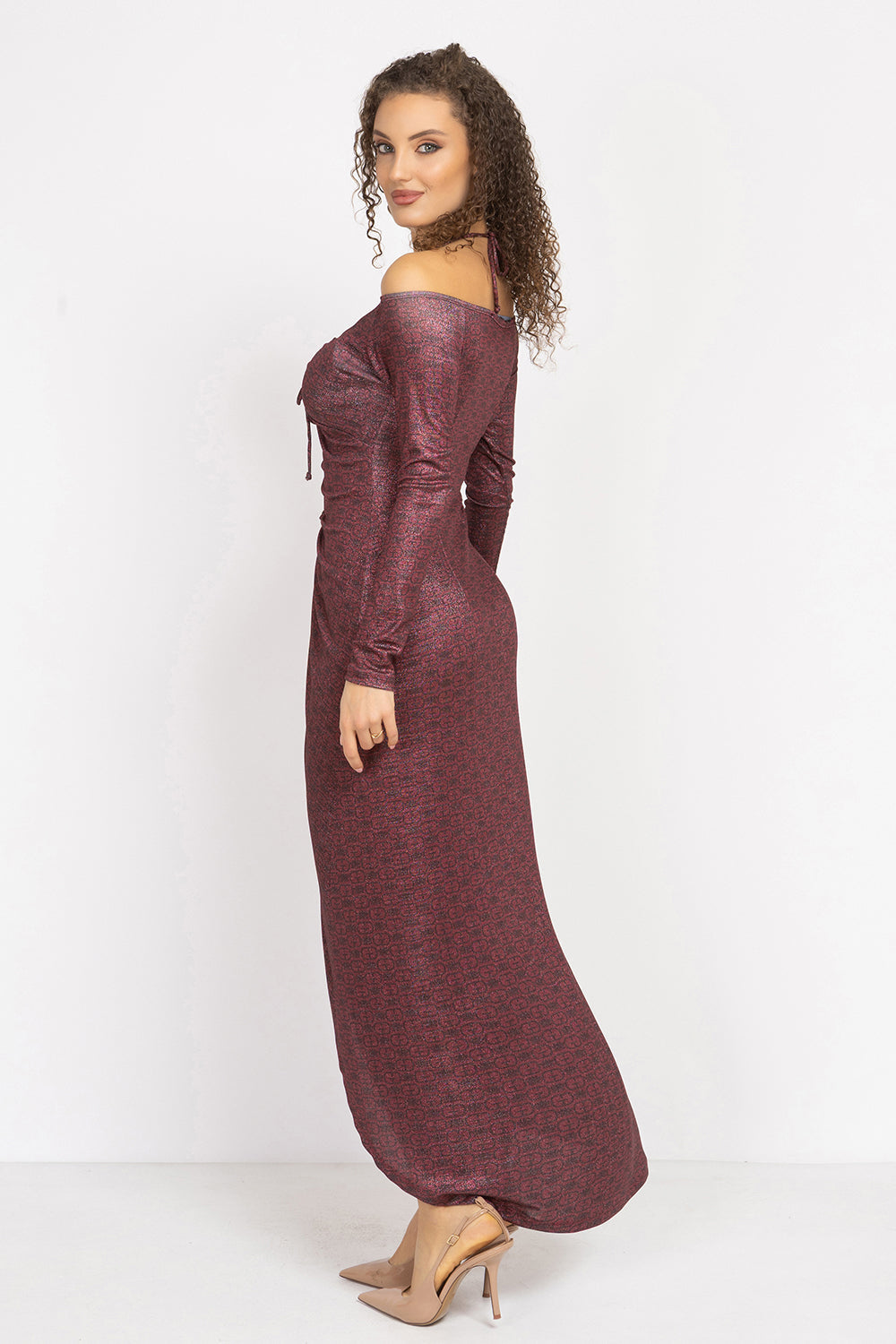 ASYMMETRIC LUREX DRESS WITH KNOT DETAIL AND FRONT DRAWSTRING - BURGUNDY LOGO JIORO АСИМЕТРИЧНА РОКЛЯ ОТ ЛУРЕКС С ВЪЗЕЛ - BURGUNDY LOGO JIORO