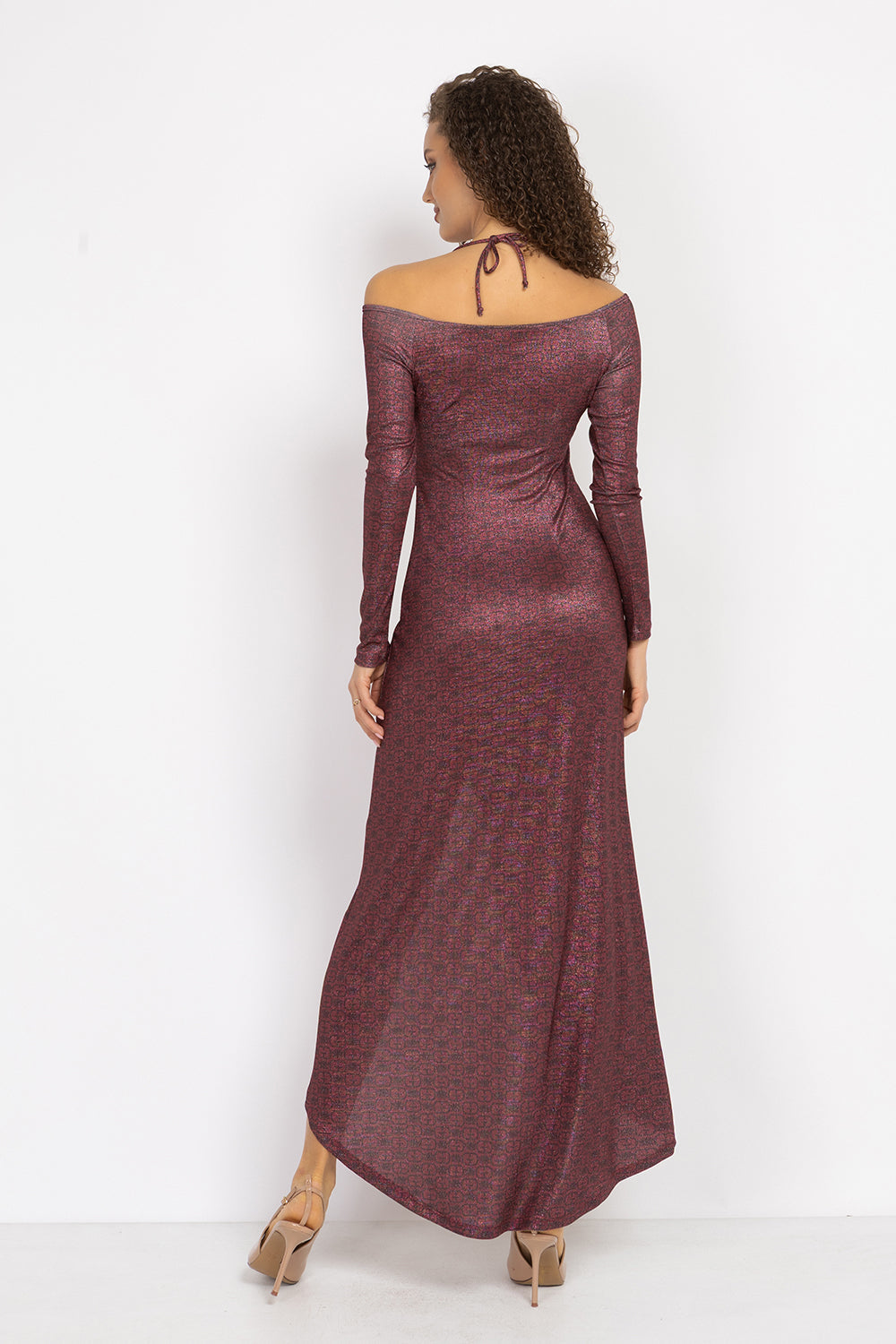 ASYMMETRIC LUREX DRESS WITH KNOT DETAIL AND FRONT DRAWSTRING - BURGUNDY LOGO JIORO АСИМЕТРИЧНА РОКЛЯ ОТ ЛУРЕКС С ВЪЗЕЛ - BURGUNDY LOGO JIORO