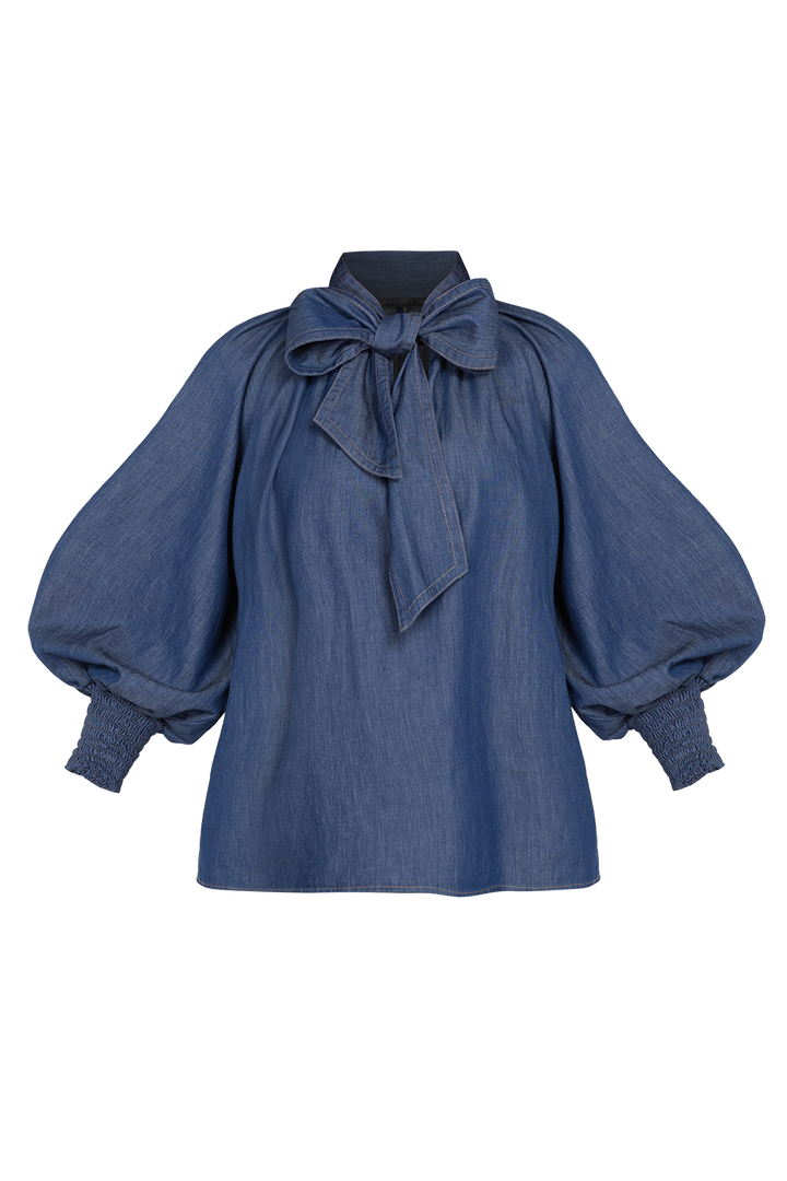 DENIM SHIRT WITH FRONT BOW AND RAGLAN SLEEVES - ESSENTIALS JIORO  РИЗА ОТ ДЕНИМ С ПАНДЕЛКА И РЕГЛАН РЪКАВИ - ESSENTIALS JIORO