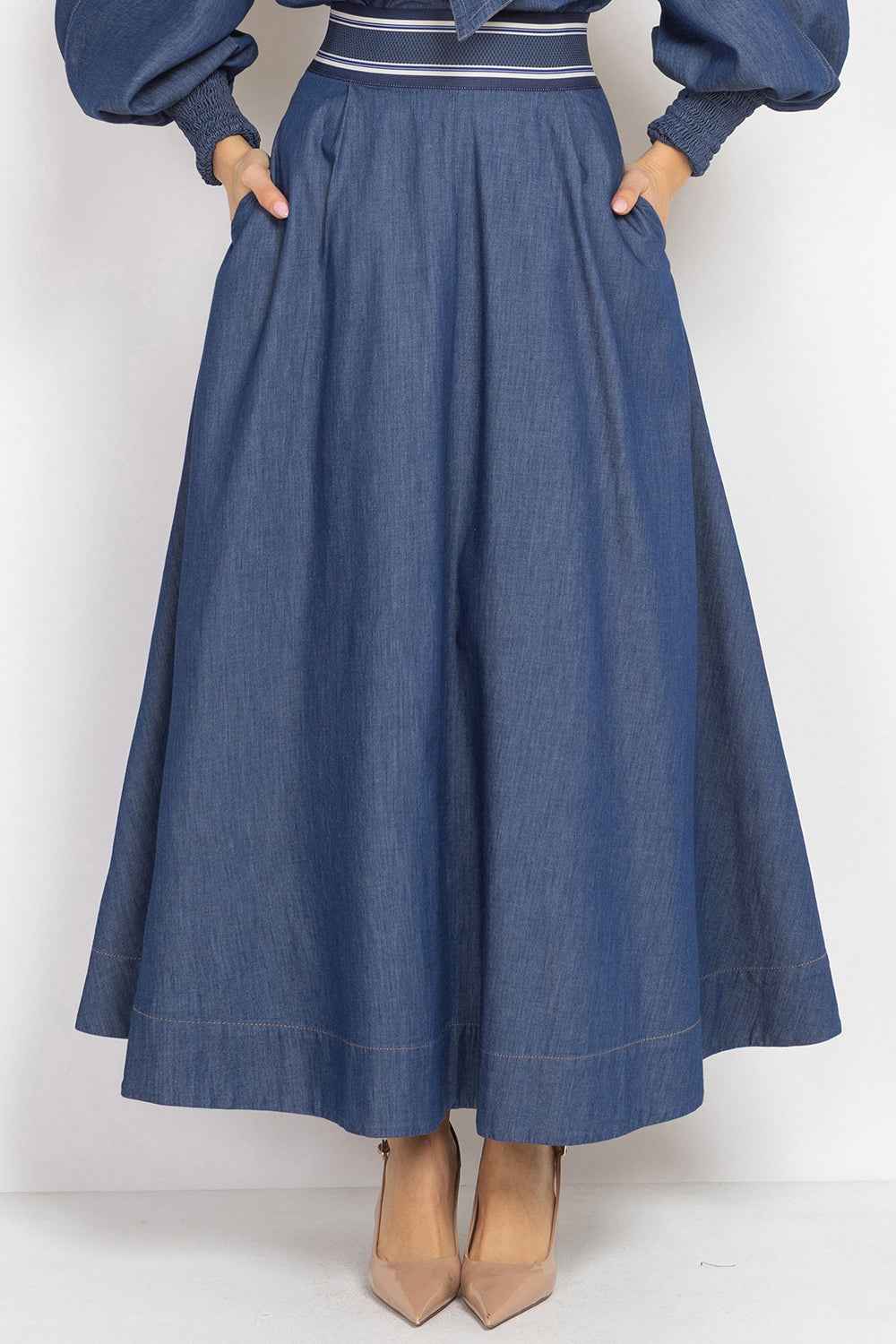 LONG DENIM SKIRT WITH ELASTIC WAIST AND SIDE POCKETS - ESSENTIALS