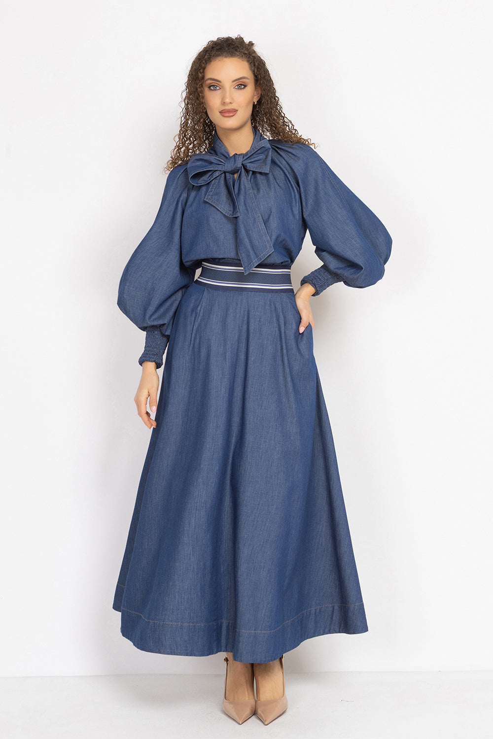 DENIM SHIRT WITH FRONT BOW AND RAGLAN SLEEVES - ESSENTIALS JIORO  РИЗА ОТ ДЕНИМ С ПАНДЕЛКА И РЕГЛАН РЪКАВИ - ESSENTIALS JIORO