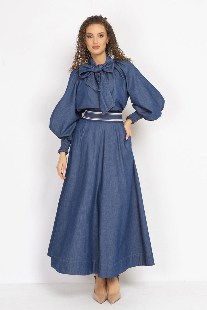 DENIM SHIRT WITH FRONT BOW AND RAGLAN SLEEVES - ESSENTIALS JIORO  РИЗА ОТ ДЕНИМ С ПАНДЕЛКА И РЕГЛАН РЪКАВИ - ESSENTIALS JIORO