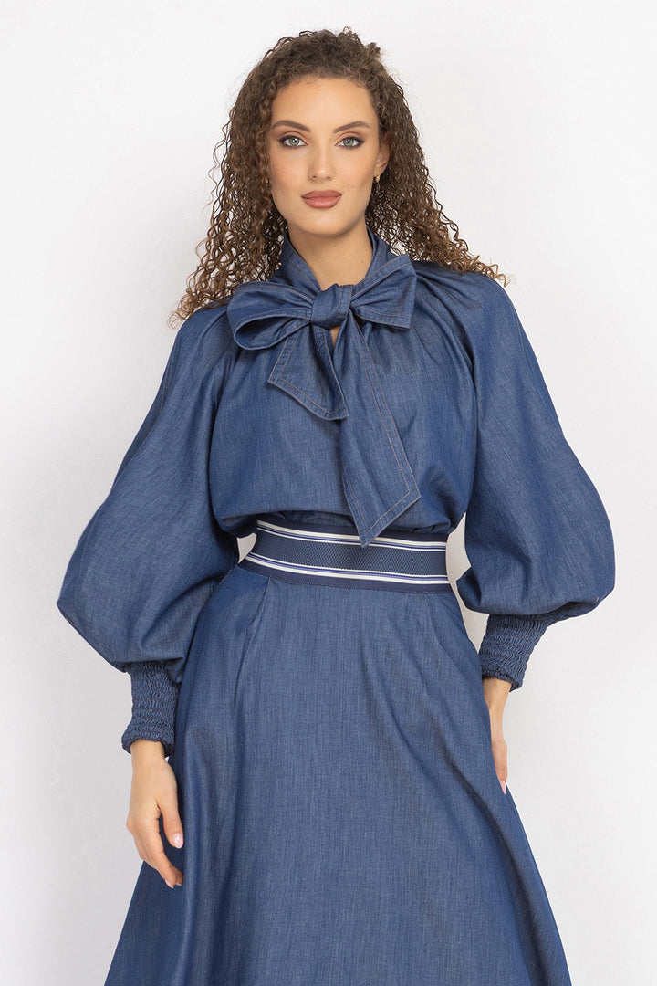 DENIM SHIRT WITH FRONT BOW AND RAGLAN SLEEVES - ESSENTIALS JIORO  РИЗА ОТ ДЕНИМ С ПАНДЕЛКА И РЕГЛАН РЪКАВИ - ESSENTIALS JIORO