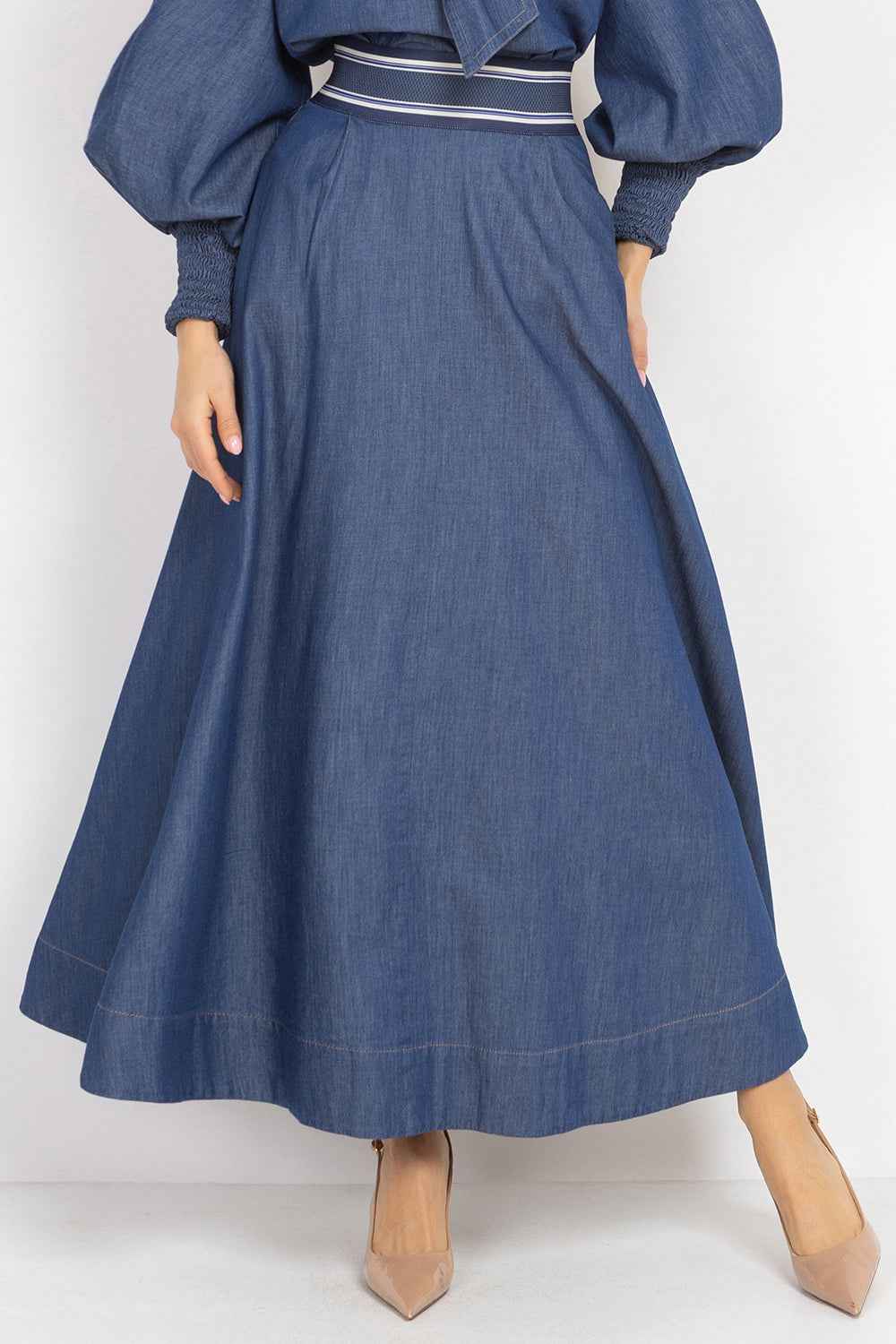 LONG DENIM SKIRT WITH ELASTIC WAIST AND SIDE POCKETS - ESSENTIALS