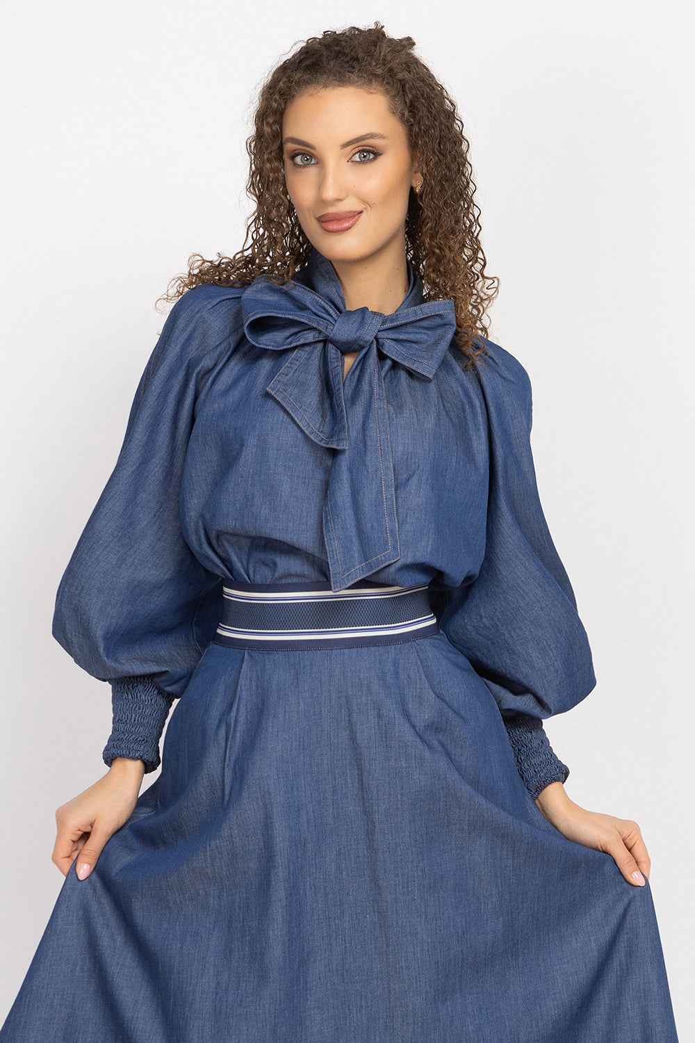 DENIM SHIRT WITH FRONT BOW AND RAGLAN SLEEVES - ESSENTIALS