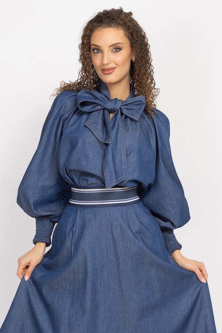 DENIM SHIRT WITH FRONT BOW AND RAGLAN SLEEVES - ESSENTIALS JIORO  РИЗА ОТ ДЕНИМ С ПАНДЕЛКА И РЕГЛАН РЪКАВИ - ESSENTIALS JIORO