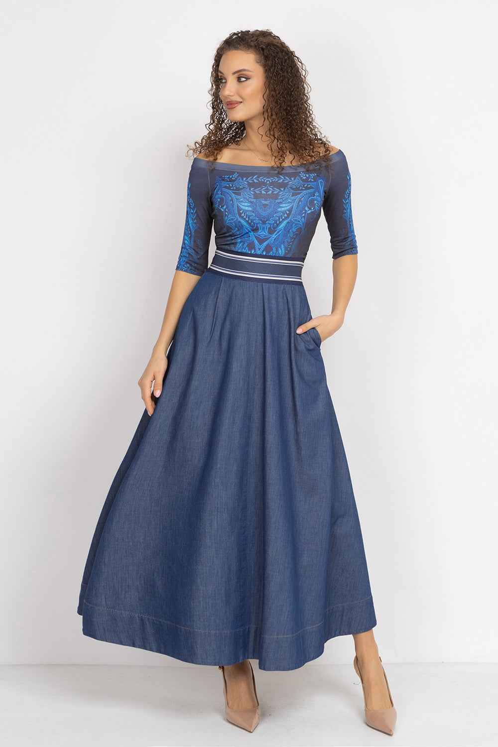 LONG DENIM SKIRT WITH ELASTIC WAIST AND SIDE POCKETS - ESSENTIALS