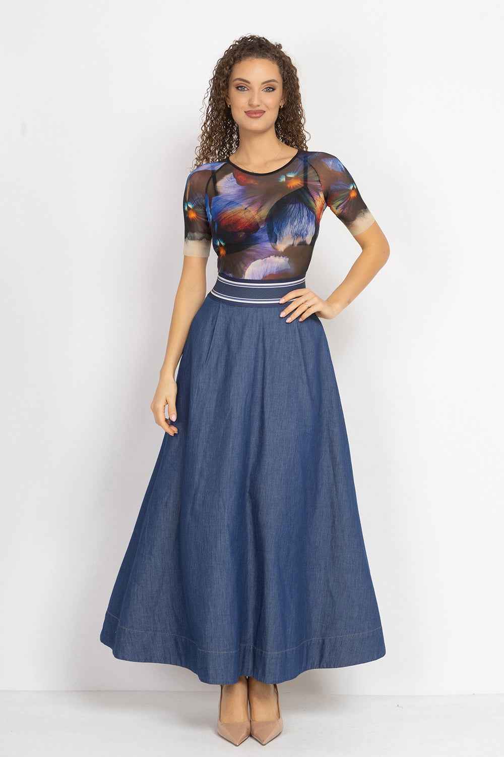 LONG DENIM SKIRT WITH ELASTIC WAIST AND SIDE POCKETS - ESSENTIALS