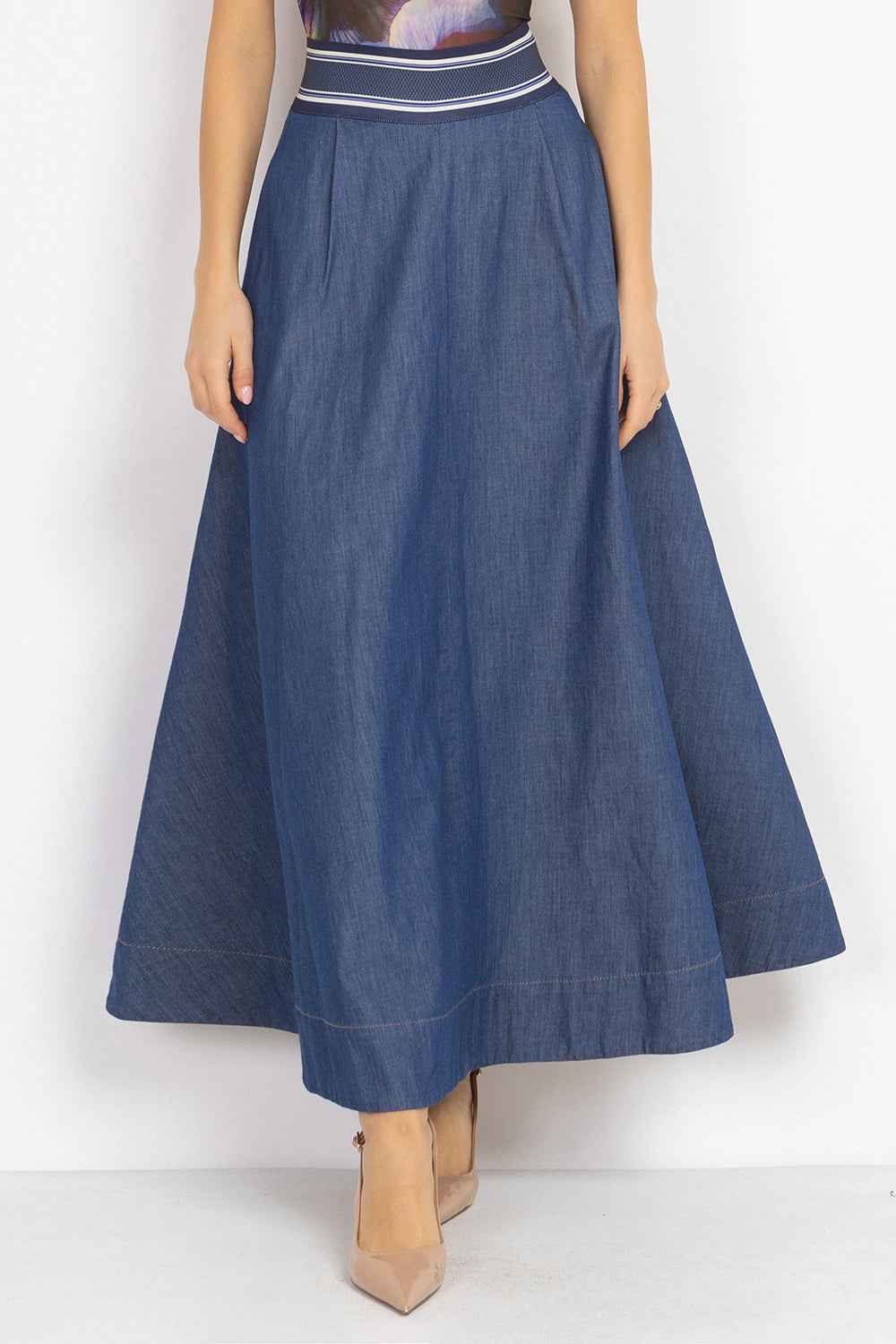 LONG DENIM SKIRT WITH ELASTIC WAIST AND SIDE POCKETS - ESSENTIALS