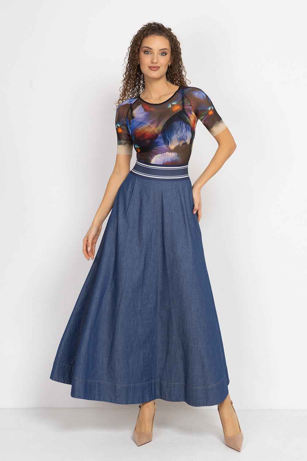LONG DENIM SKIRT WITH ELASTIC WAIST AND SIDE POCKETS - ESSENTIALS