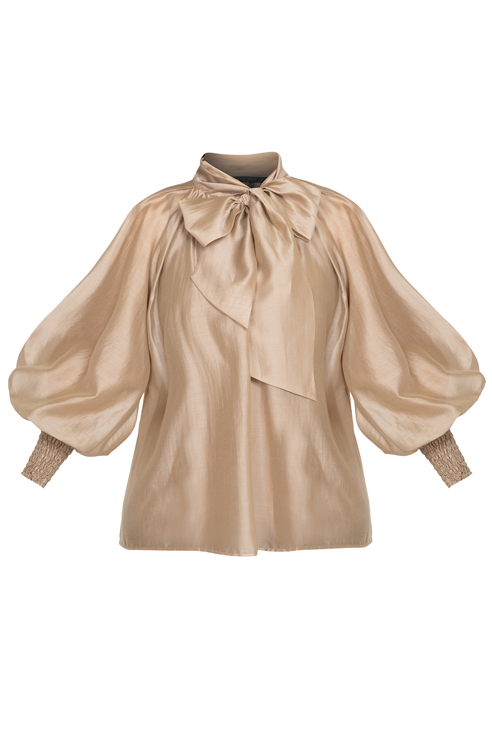 BOHEMIAN BEIGE LYOCELL BLOUSE WITH PUFF SLEEVES AND TIE-FRONT COLLAR - ESSENTIALS