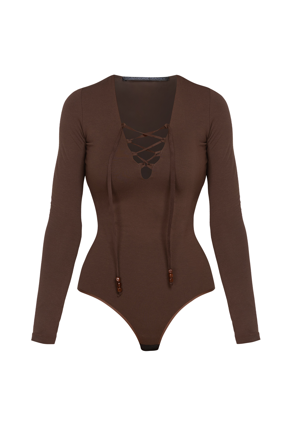 BROWN VISCOSE STRETCH BODYSUIT WITH DEEP V-NECK AND SUEDE TIE DETAIL - ESSENTIALS JIORO КАФЯВО БОДИ ОТ ВИСКОЗА С ДЪЛБОКО V-ОБРАЗНО ДЕКОЛТЕ И ВЕЛУРЕНИ ВРЪЗКИ - ESSENTIALS JIORO