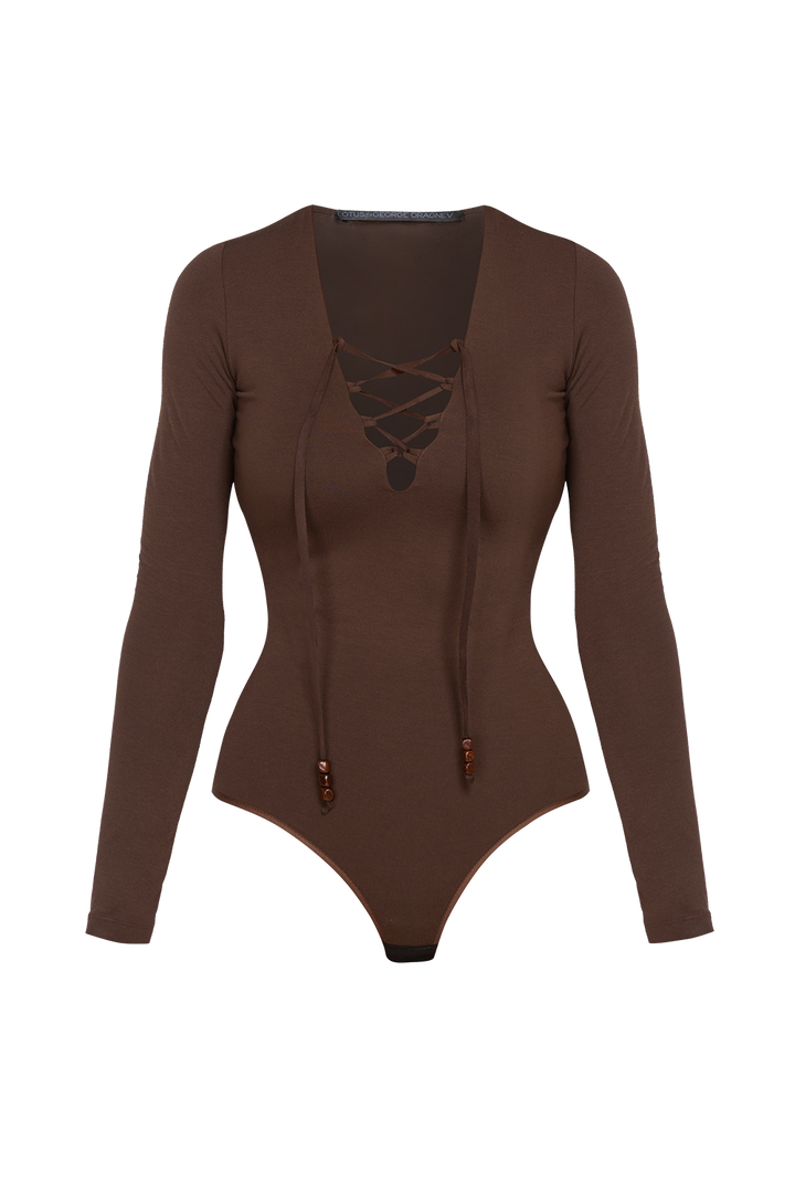 BROWN VISCOSE STRETCH BODYSUIT WITH DEEP V-NECK AND SUEDE TIE DETAIL - ESSENTIALS JIORO КАФЯВО БОДИ ОТ ВИСКОЗА С ДЪЛБОКО V-ОБРАЗНО ДЕКОЛТЕ И ВЕЛУРЕНИ ВРЪЗКИ - ESSENTIALS JIORO