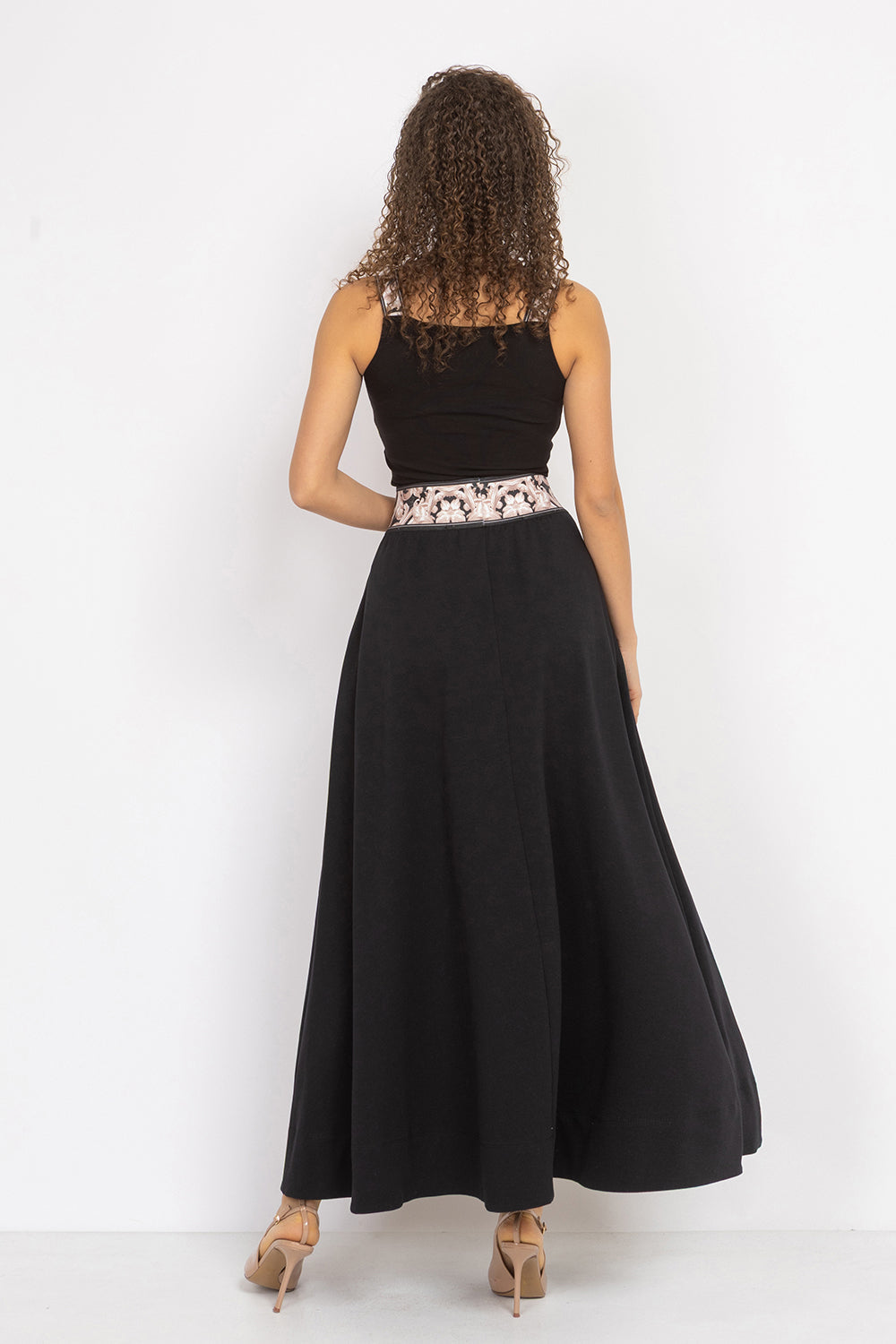 LONG BLACK COTTON SKIRT WITH ELASTIC WAIST AND SIDE POCKETS - ESSENTIALS - Fashion Roots